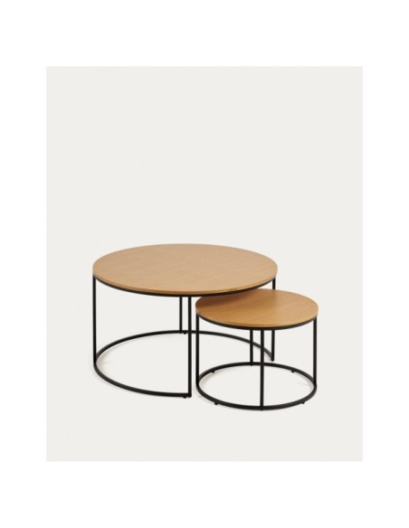 Set Yoana 2 mesas auxiliares nido de chapa de roble y metal pintado negro Ø 80 cm/Ø 50 cm - Kave Home