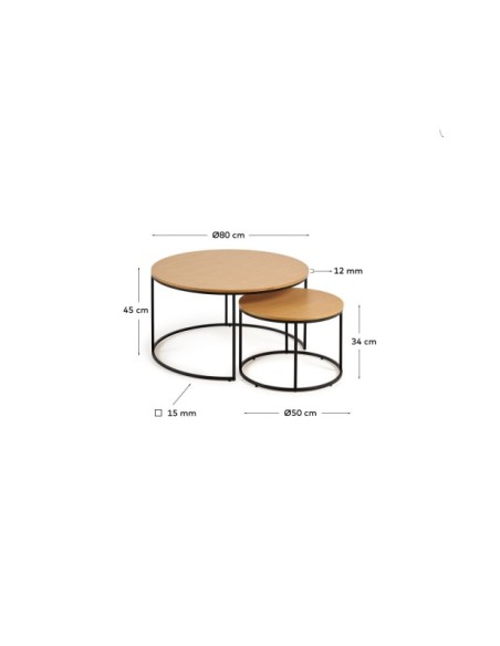 Set Yoana 2 mesas auxiliares nido de chapa de roble y metal pintado negro Ø 80 cm/Ø 50 cm - Kave Home