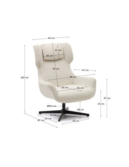 Butaca giratoria con brazos Zalina de borreguito blanco y acero con acabado negro FSC 100% - Kave Home