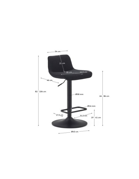 Taburete Zenda de chenilla negro y acero negro mate 81-102 cm FSC 100% - Kave Home