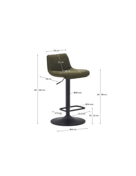 Taburete Zenda de chenilla verde oscuro y acero negro mate altura 81-102 cm FSC 100% - Kave Home