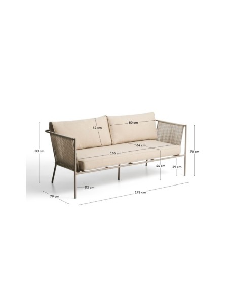 Sofá 2 plazas de exterior Zivia de cuerda crudo y acero galvanizado topo 178 cm - Kave Home