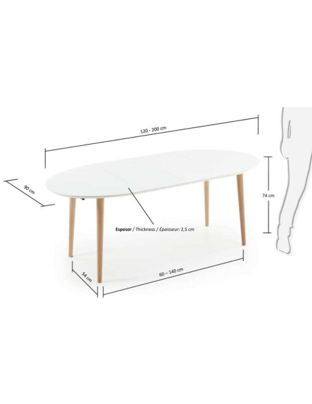 Mesa extensible OQUI ovalada 120(200)x90 cm, natural y blanco- Kave Home, Vackart