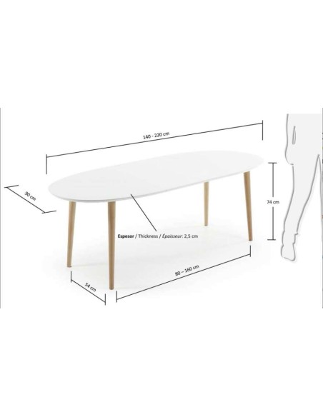 Mesa extensible OQUI ovalada 140(220)x90 cm, blanco y natural - Kave Home. Vackart