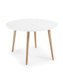 Mesa extensible OQUI redonda 120(200)x120 cm, blanco y natural - Kave Home