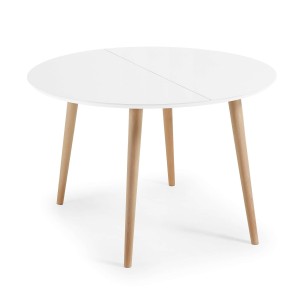 Mesa extensible OQUI redonda 120(200)x120 cm, blanco y natural - Vackart. CC0146L33. Exclusivas mesas de diseño nórdico en Vackart, tu tienda de diseño.