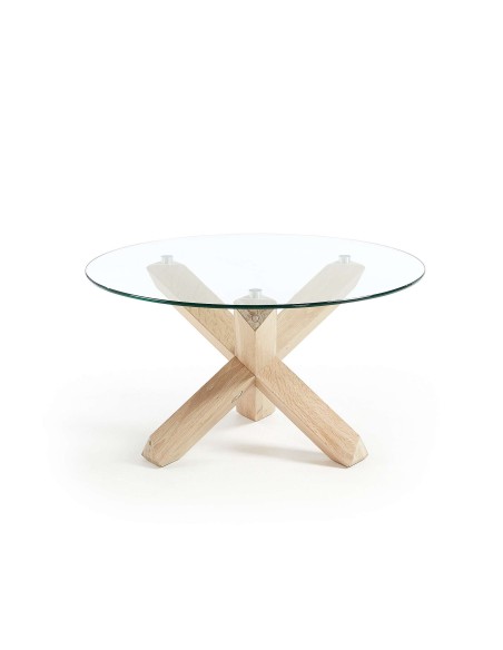 Mesa LOTUS Ø 65 cm centro redonda, cristal patas madera