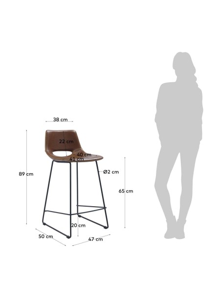 Taburete ZAHARA - Alto 65 cm, Piel Sintética Marrón - Kave Home. Vackart