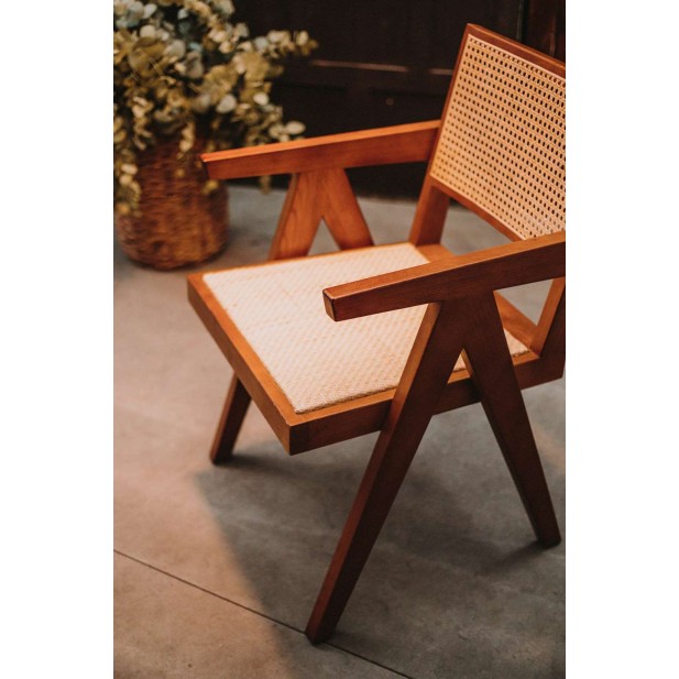 Silla con Brazos CHANDIGARH, Madera Marrón / Ratán Natural. Vackart
