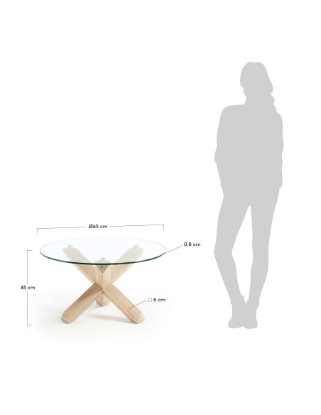 Mesa LOTUS Ø 65 cm centro redonda, cristal patas madera