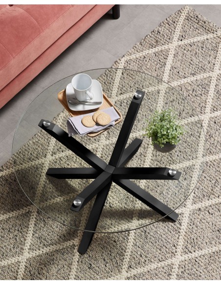 Mesa de Centro FULL ARGO Ø82 cm, Cristal / Metal Negro - Kave Home. Vackart