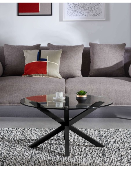 Mesa de Centro FULL ARGO Ø82 cm, Cristal / Metal Negro - Kave Home. Vackart
