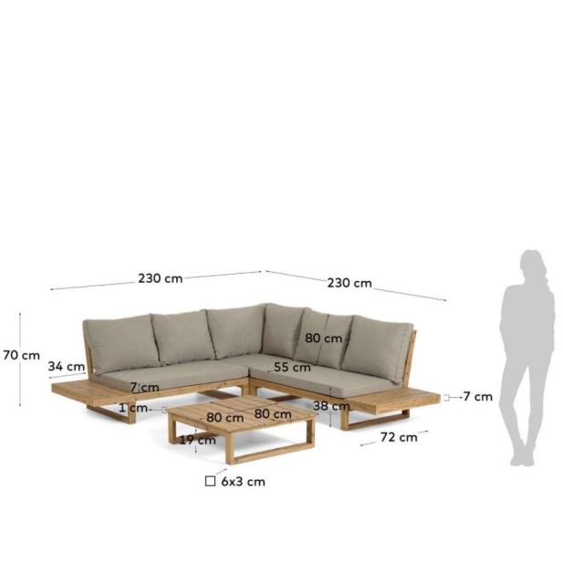 Set Flavina sofá rinconero 5plazas y mesa acacia-Kave Home;CC2097J10 Set Flavina sofá rinconero 5plazas y mesa acacia-Kave Home;CC2097J10