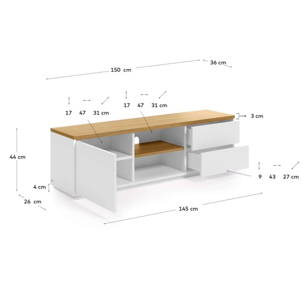 Mueble TV ABILEN chapa roble/lacado blanco 150 x 44 cm - Kave Home
