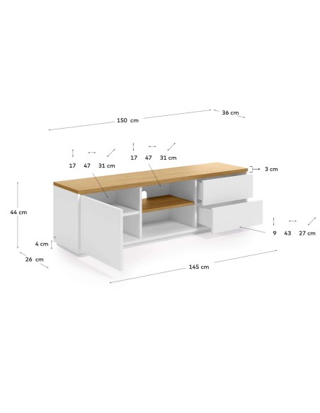 Mueble TV ABILEN chapa roble/lacado blanco 150 x 44 cm - Kave Home