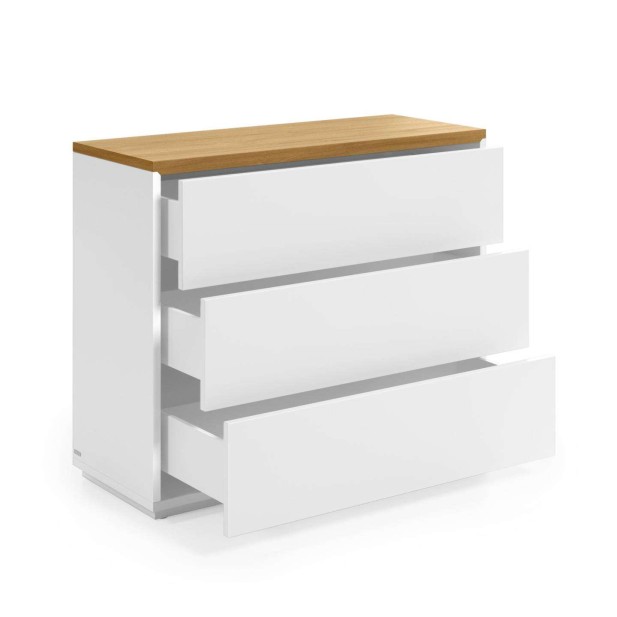 Cómoda ABILEN 3 cajones chapa roble/lacado blanco 90 x 75 cm - Kave Home