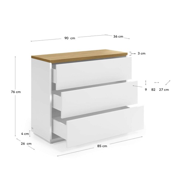 Cómoda ABILEN 3 cajones chapa roble/lacado blanco 90 x 75 cm - Kave Home