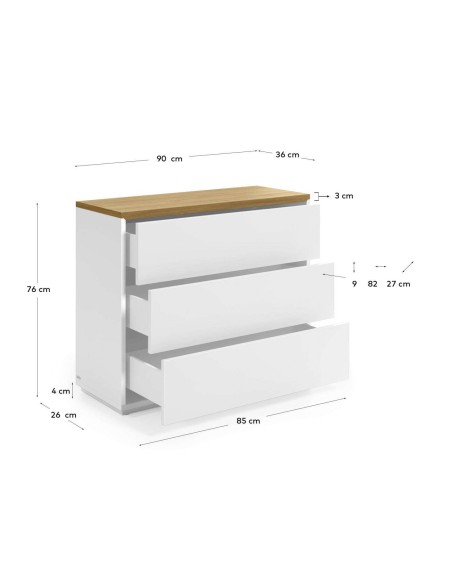 Cómoda ABILEN 3 cajones chapa roble/lacado blanco 90 x 75 cm - Kave Home