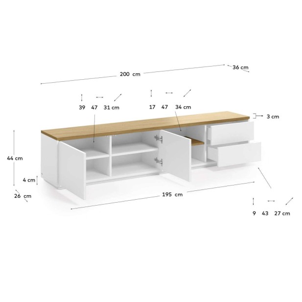 Mueble TV ABILEN chapa roble/lacado blanco 200 x 44 cm - Kave Home