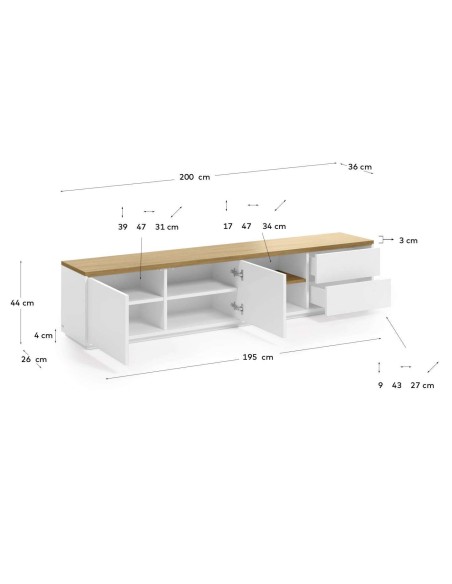 Mueble TV ABILEN chapa roble/lacado blanco 200 x 44 cm - Kave Home