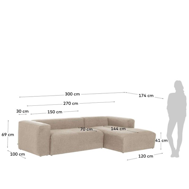 Sofá Blok 3 plazas chaise longue derecho beige 300 cm - Kave Home