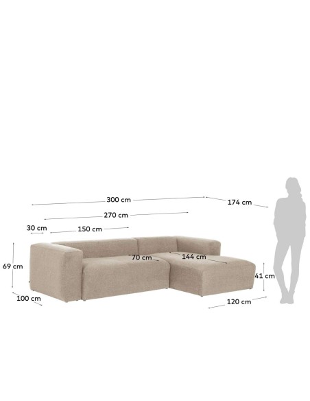 Sofá Blok 3 plazas chaise longue derecho beige 300 cm - Kave Home