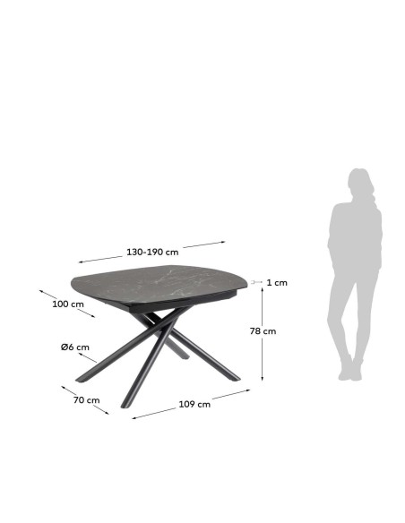 Mesa extensible Yodalia 130 (190) x 100 cm porcelánico /patas acero negro - Kave Home
