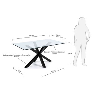 Mesa Argo 180 x 100 cm cristal/patas acero negro - Kave Home 2
