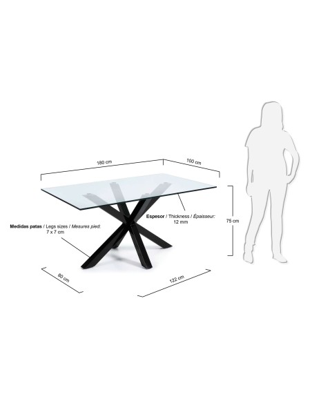Mesa Argo 180 x 100 cm cristal/patas acero negro - Kave Home