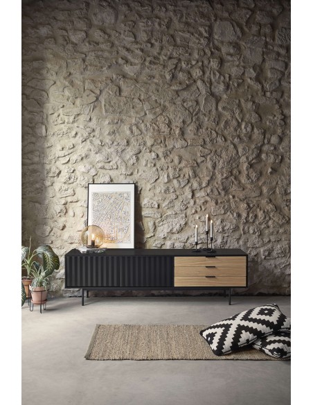 Mueble TV SIERRA 180 cm, DM Negro / Roble - Teulat. Vackart
