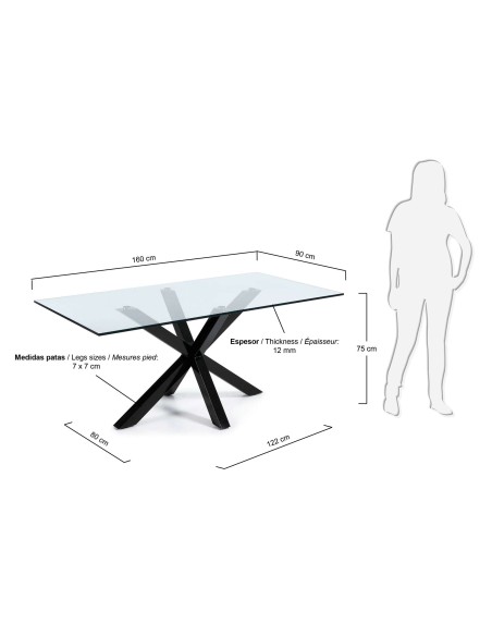 Mesa ARGO 160x90 cm cristal/ patas negro - Kave Home