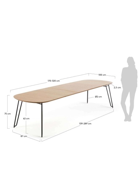 Mesa ext NOVAC 170(320)x100 cm roble/acero Kave Home/Vackart CC1074M46