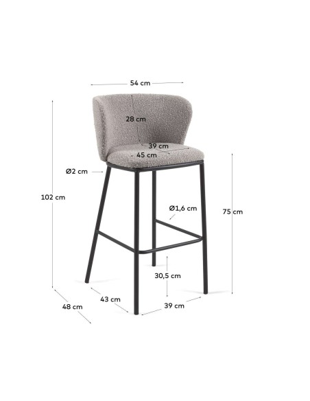 Taburete CISELIA 75 cm borrego gris claro/metal negro - Kave Home