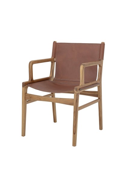 Silla con Brazos OLLIE, Teca Natural / Piel Marrón - Bloomingville. Vackart