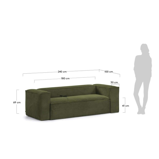 Sofá Blok 3 plazas pana verde 240 cm - Kave Home, Vackart. S570LN19