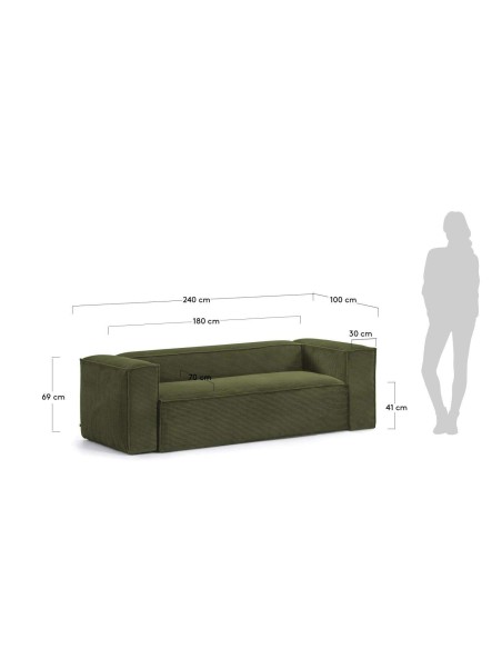 Sofá Blok 3 plazas pana verde 240 cm - Kave Home, Vackart. S570LN19