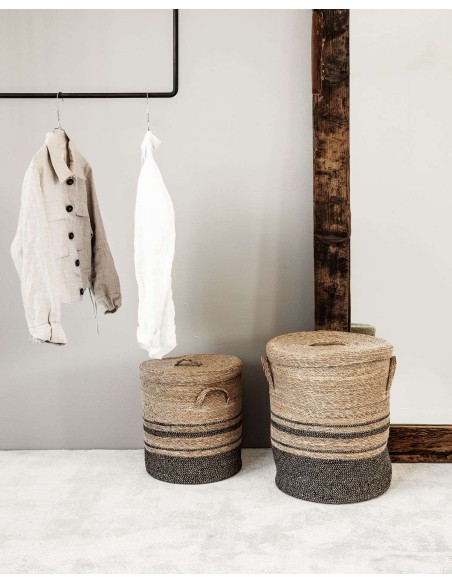 Set 2 Cestas con Tapa LAUNDRY, Algas Marinas / Yute - House Doctor. Vackart