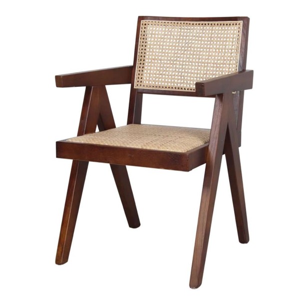 Silla con Brazos CHANDIGARH, Madera Marrón / Ratán Natural. Vackart