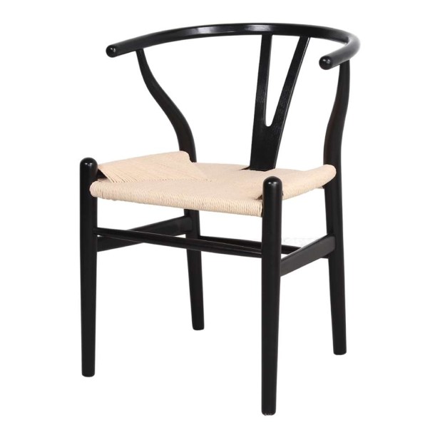 Silla  WISHBONE BLACK madera de roble y asiento de rattan natural - Vackart