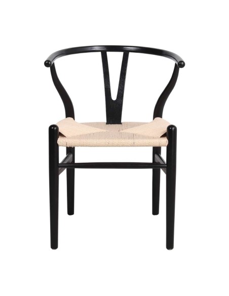 Silla WISHBONE BLACK madera de roble y asiento de rattan natural - Vackart