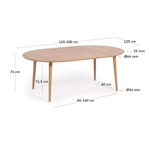 Mesa extensible Oqui Ø120(200)x120 cm roble - Kave Home