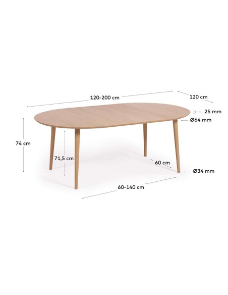 Mesa extensible Oqui Ø120(200)x120 cm roble - Kave Home