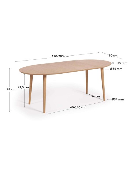 Mesa extensible Oqui Ø120(200)x90 cm roble - Kave Home
