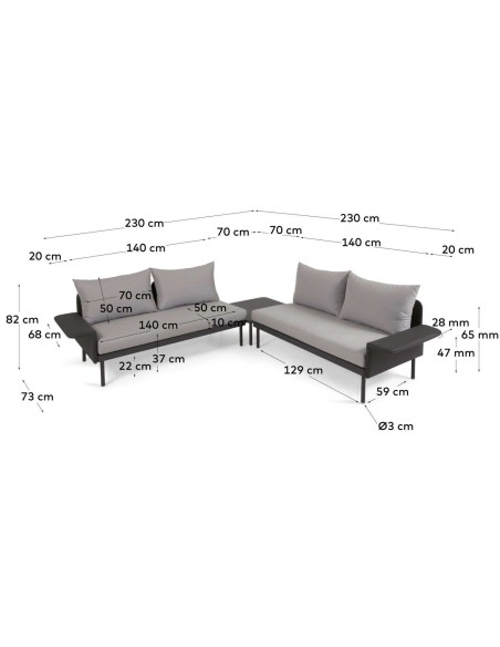 Set exterior Zaltana de sofá rinconero y mesa aluminio negro mate 164 cm - Kave Home