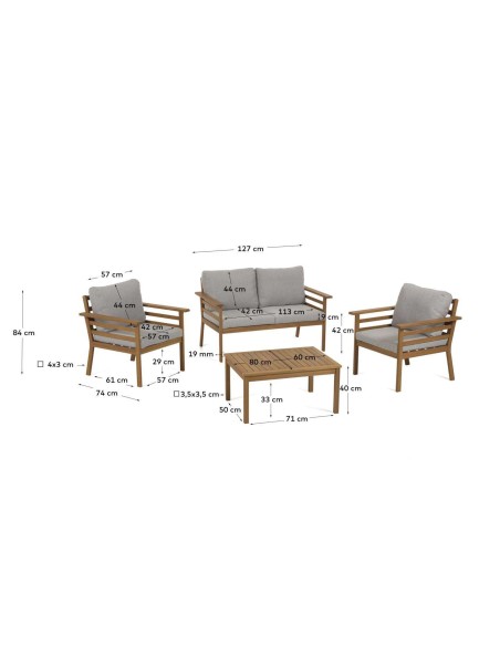 Set de exterior Vilma de sofá, 2 sillones y mesa de centro, acacia FSC 100% - Kave Home