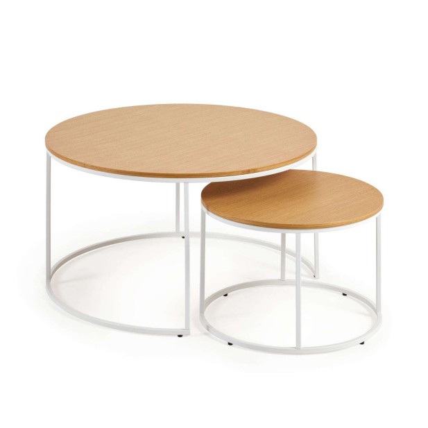 Set Yoana 2 mesas auxiliares nido Ø 80 cm/Ø 50 cm roble/metal blanco  - Kave Home