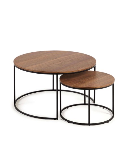 Set Yoana 2 mesas auxiliares nido Ø 80 cm/Ø 50 nogal/metal negro - Kave Home