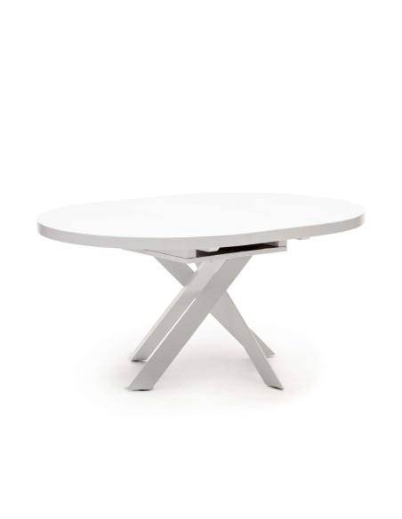 Mesa extensible redonda VASHTI Ø120(160)x120cm cristal, MDF/acero blanco - Kave Home