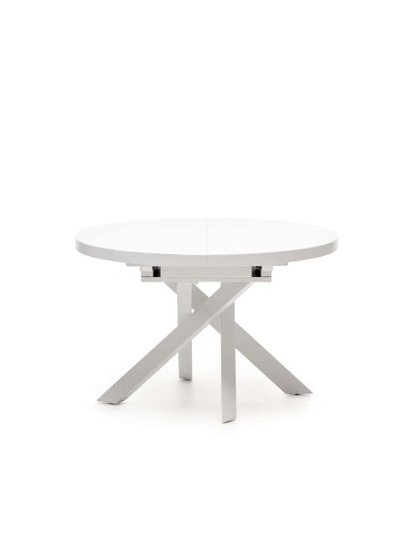 Mesa extensible redonda VASHTI Ø120(160)x120cm cristal, MDF/acero blanco - Kave Home