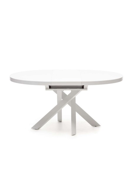 Mesa extensible redonda VASHTI Ø120(160)x120cm cristal, MDF/acero blanco - Kave Home